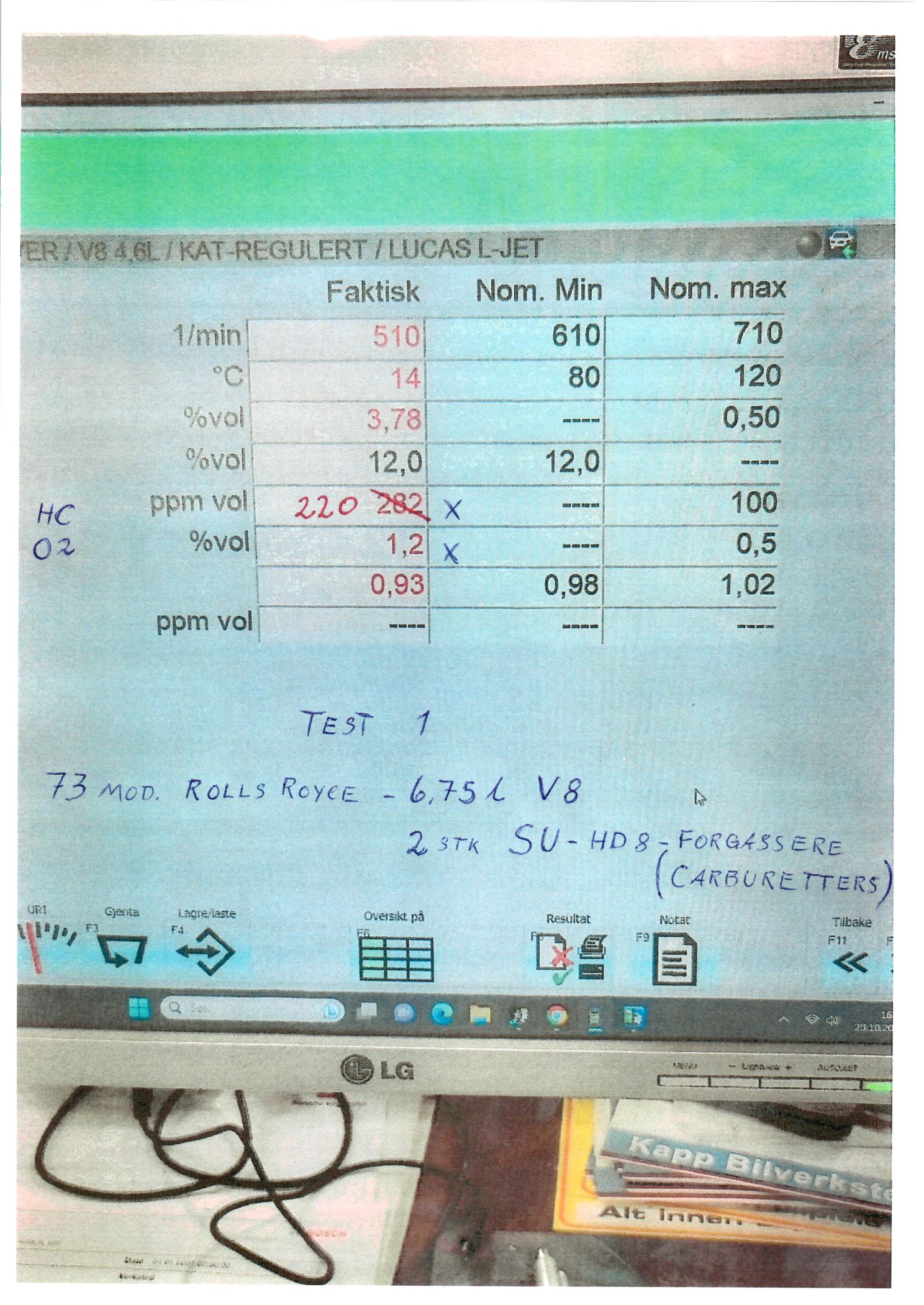 Utslippstest HC og O2 før montering av Multispark og Fuel Catalyst