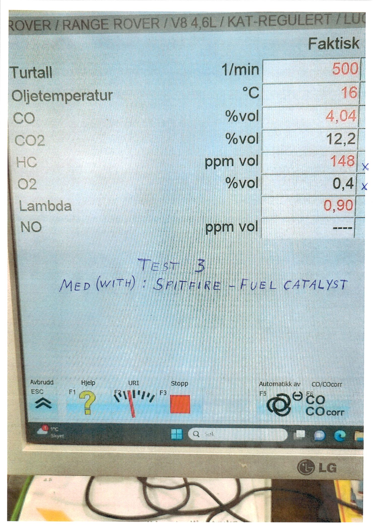 Utslippstest HC og O2 med Fuel Catalyst, uten Multispark